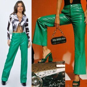 NWT PRINCESS POLLY Ashlea Faux Leather Mid Rise Slim Fit Flare Pants Sz 0 Green